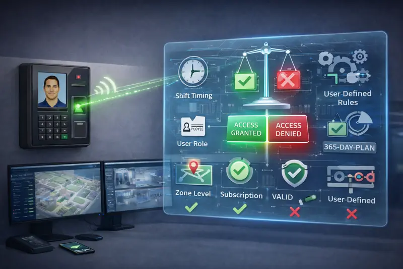 Access control system making conditional access decision based on rules and permissions