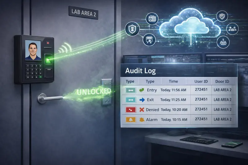 Access control system unlocking door and recording entry in cloud audit log