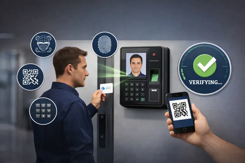 Biometric access control authentication using face, fingerprint, QR code, and PIN
