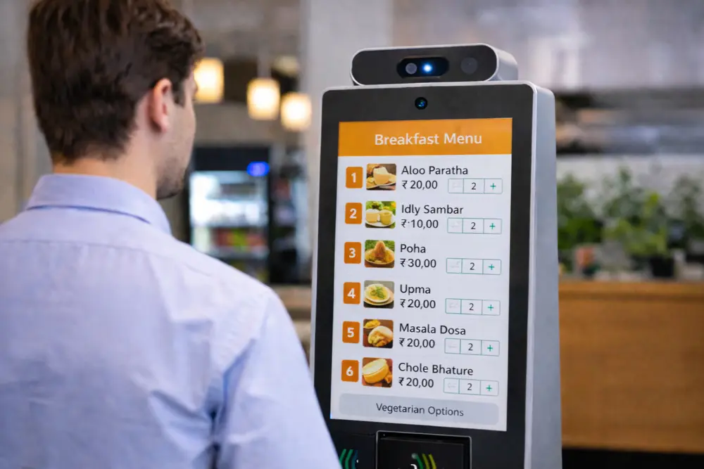 Canteen kiosk displaying daily menu with time based meal options after login