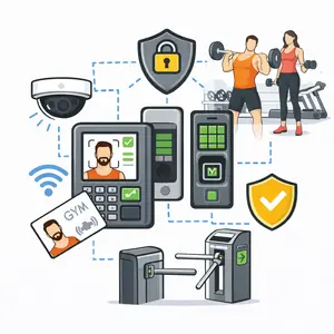 Gym access control system with biometric entry linked to membership management